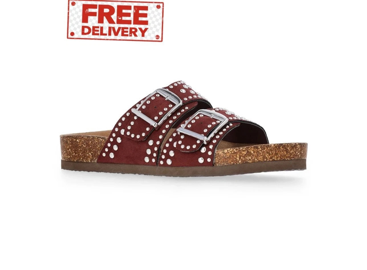 Size 8.5 Women’s Comfort Adjustable FootBed Burgundy Studded Slide Sandal