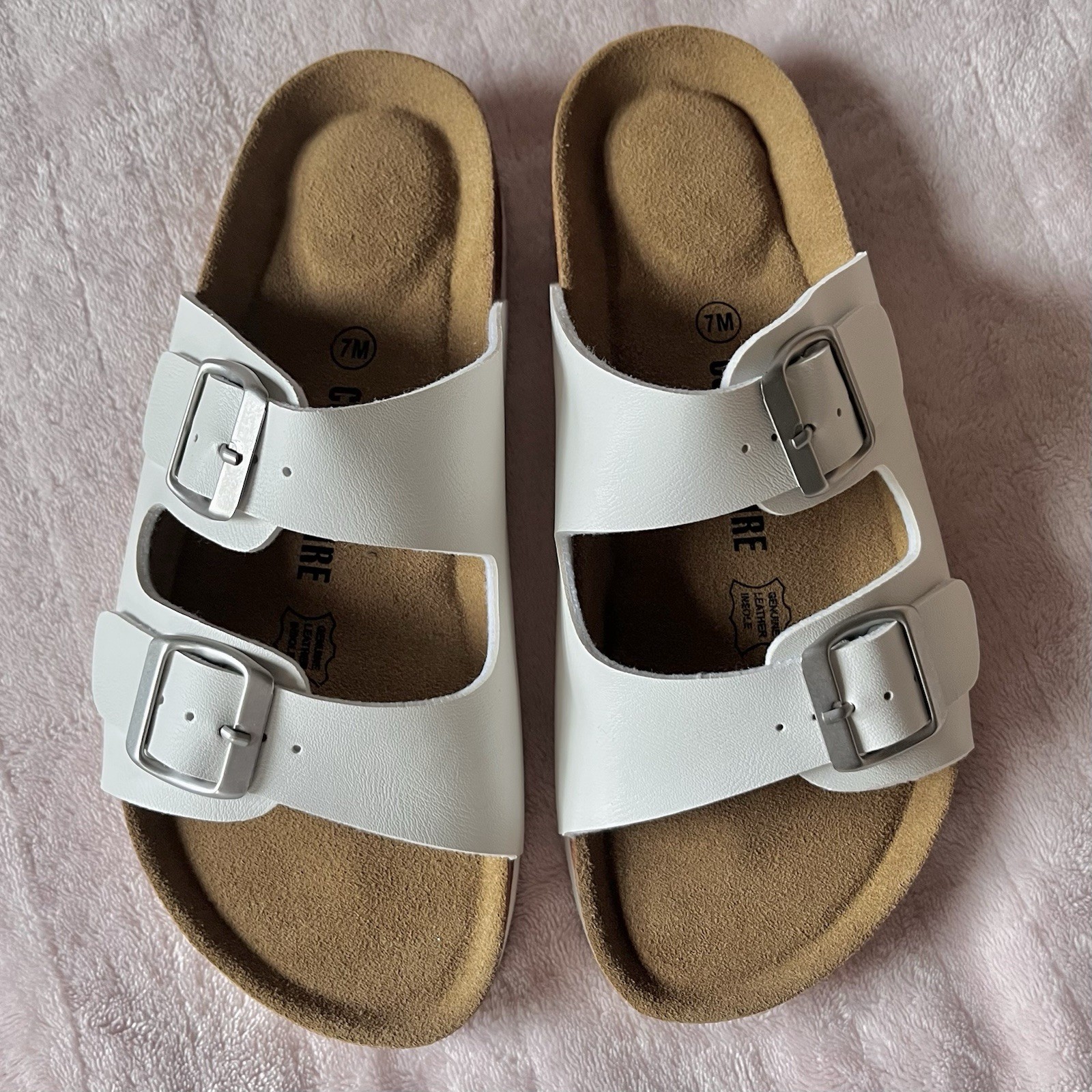 🌸 CUSHIONAIRE Lane Double Buckle Slide Sandals Genuine Leather Cork Women Sz 7
