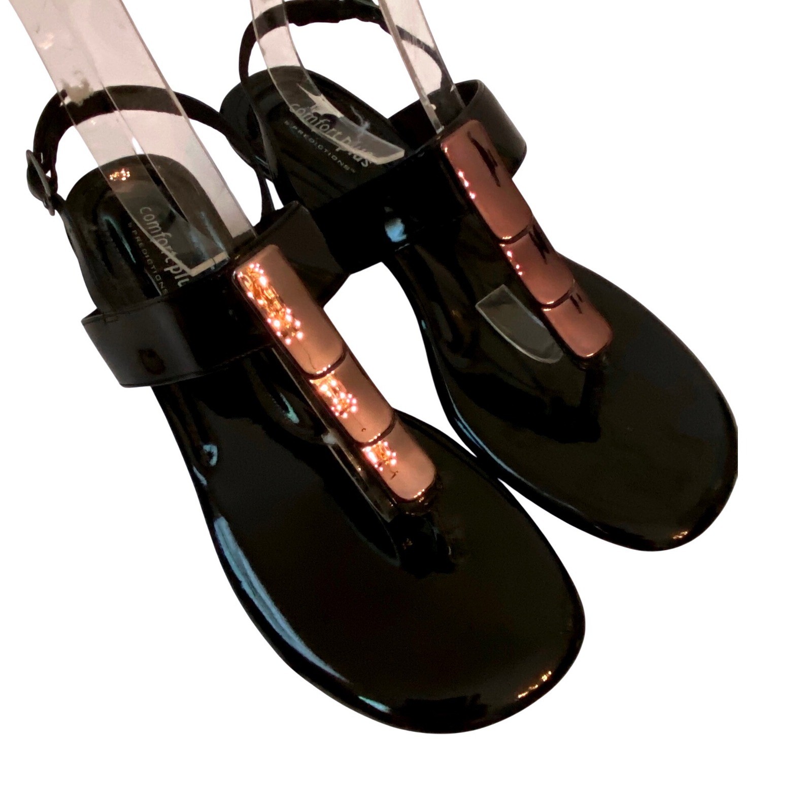 Comfort Plus by Predictions Sz 8.5 Black Patent T-Strap Wedge Sandals Rose Gold