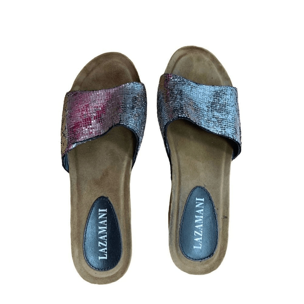 Lazamani Women’s Silver Glitter Slip-On Platform Wedge Sandal Size 38