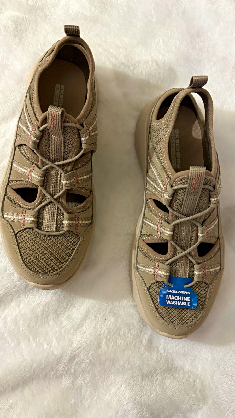 Skechers GOwalk Beige Strappy Sandals Nylon Lace Up Machine Washable Women 7