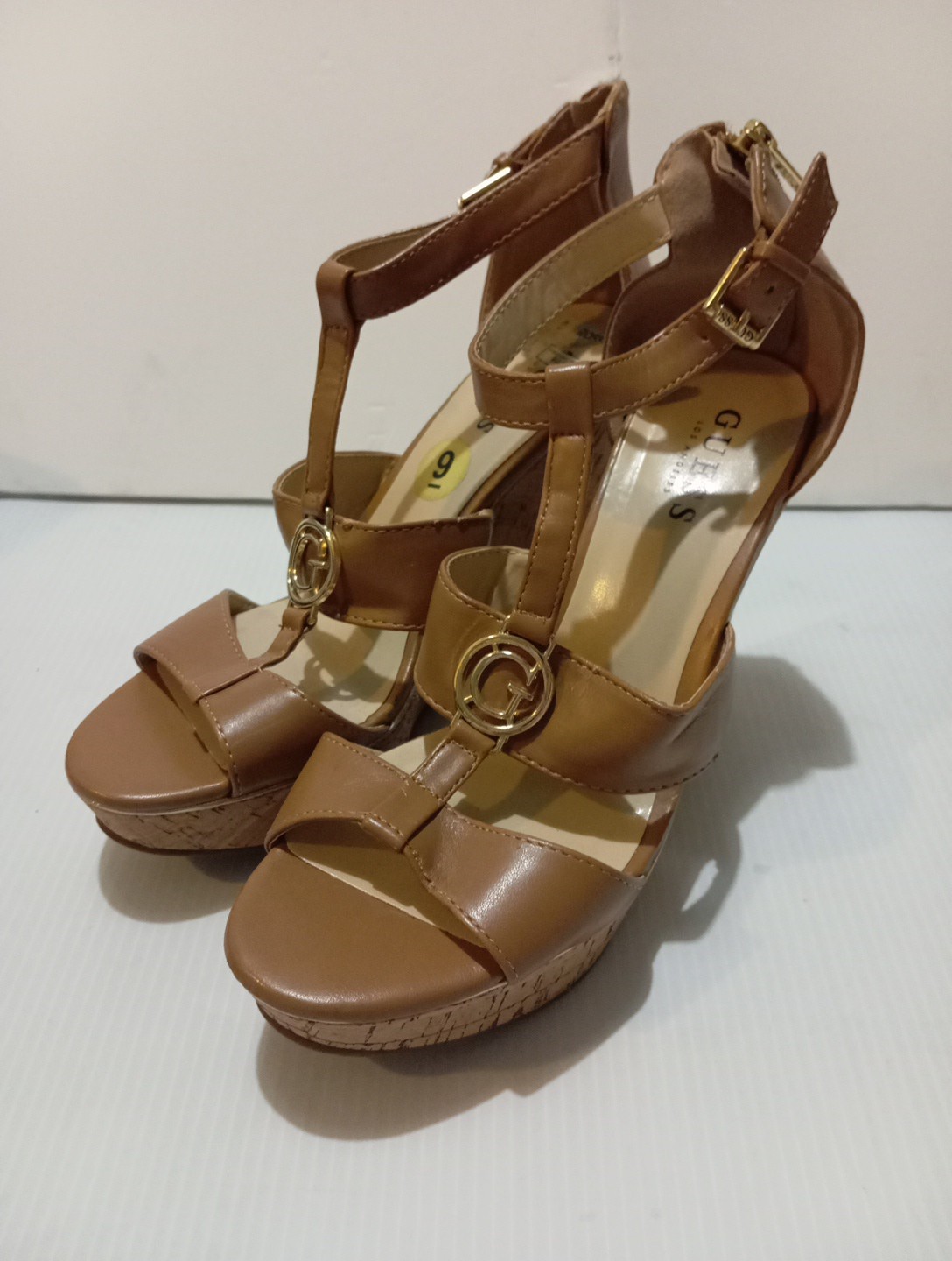 Guess Platform Cork Wedge Gold Zipper Buckle Emblem Size 9