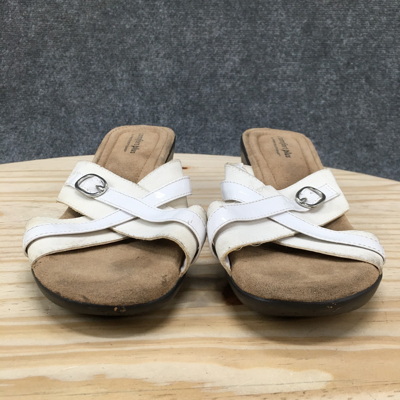 Comfort Plus by Predictions Slide Sandals Womens 9.5 Wedge Buckle Comfort White