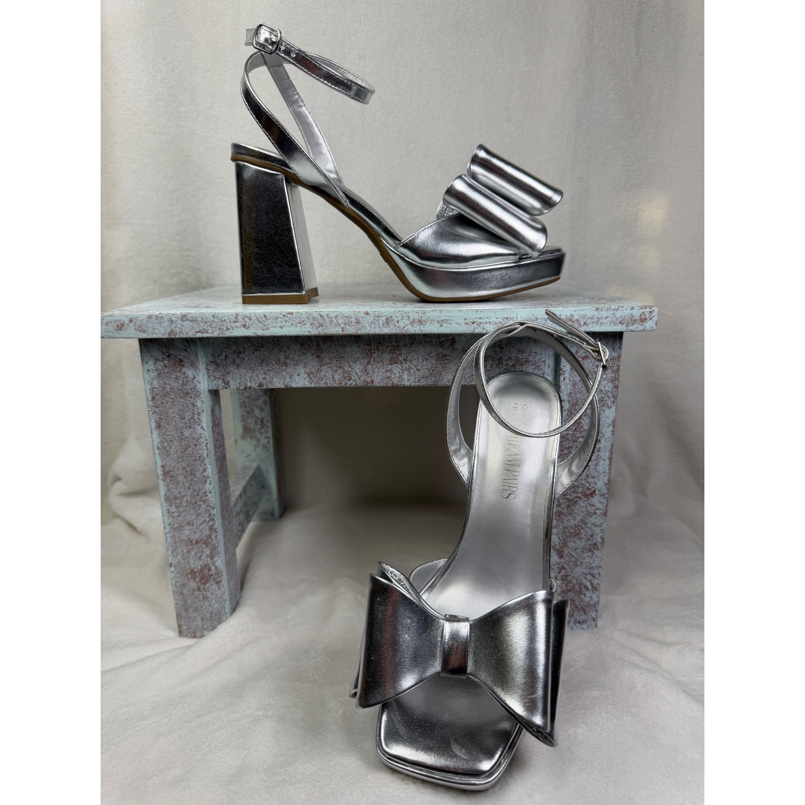 Dream Pairs Silver Metallic Bow Platform Block Heel Sandals SDHS2439W Womens 8.5