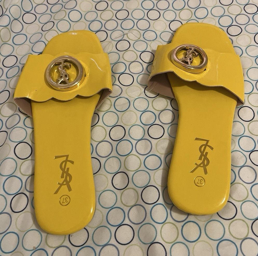 Saint Laurent Yellow Logo Slide Sandals Slip On Straps Solid Casual US 7