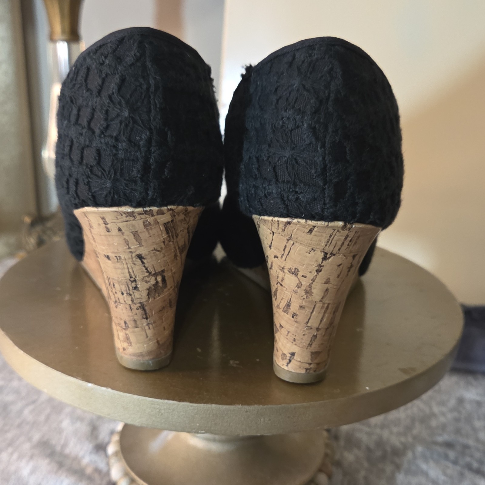 REPORT Black Fabric Crochet Bow Slip On Wedge Sandals Womens Casual