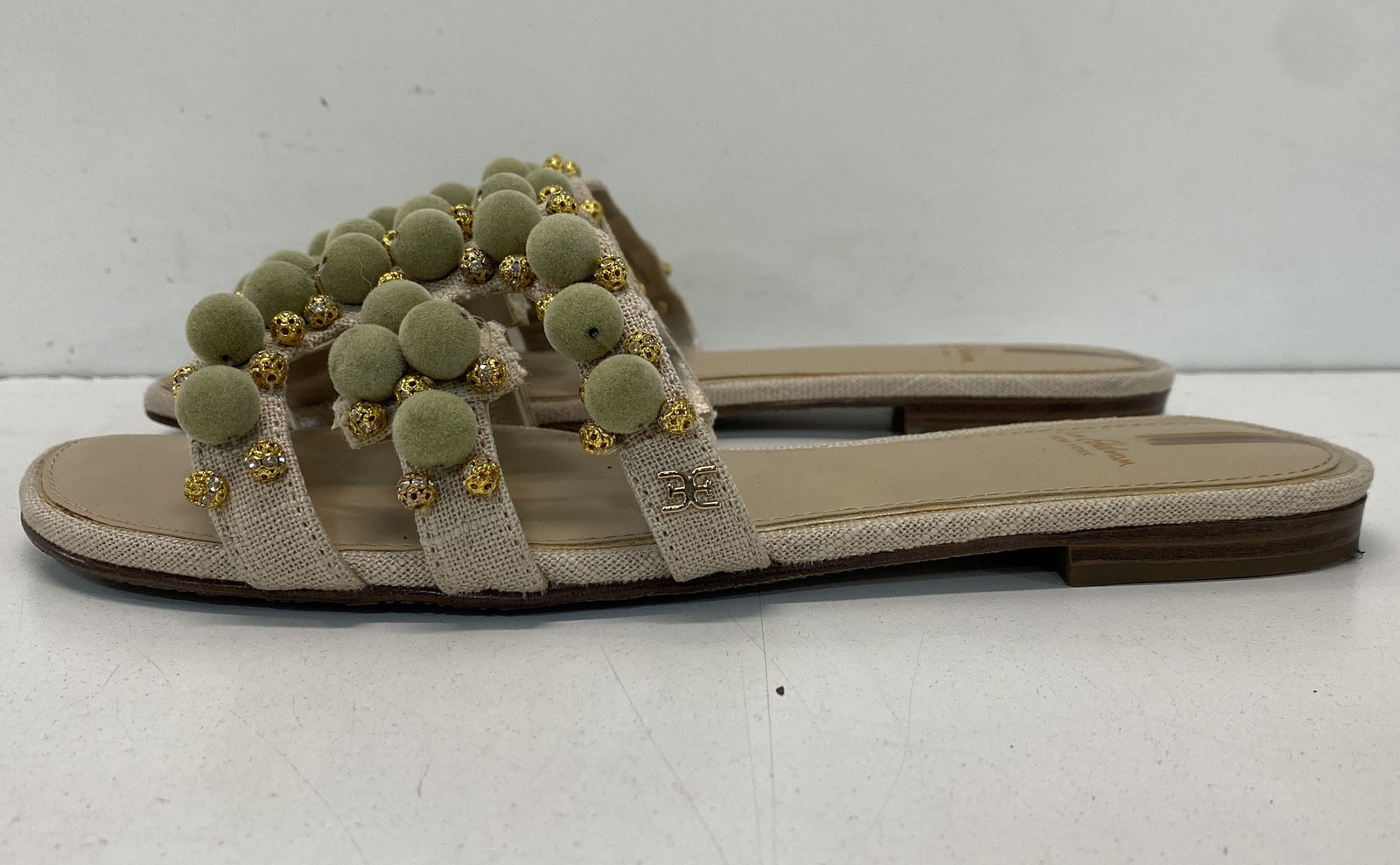 Sam Edelman Bay 19 Pom Pom Beige Olive Green Slide Sandals Women’s Size 8M