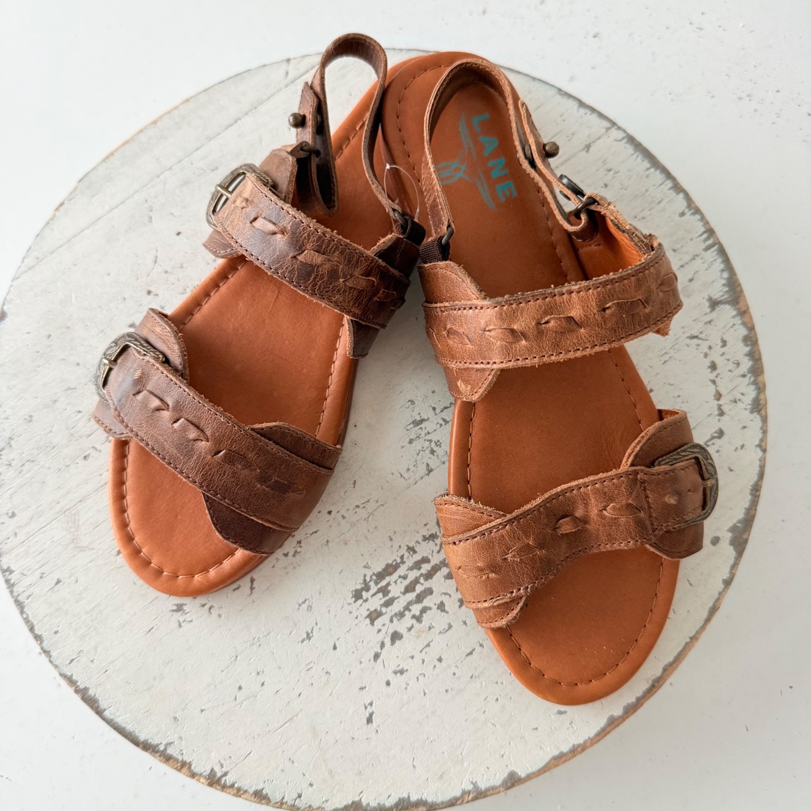 Lane Boots WHISPERWEAVE Western Sandals Brown Cowgirl Slip on Buckle Flats 11
