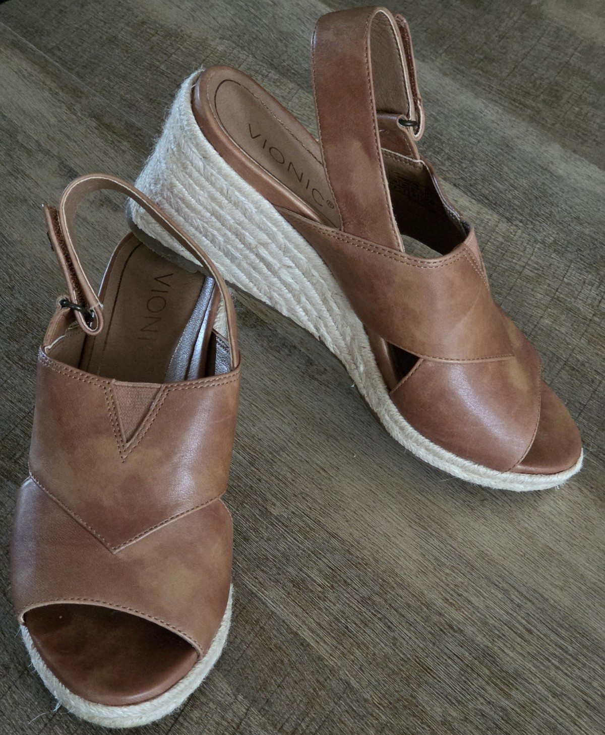 Vionic Brown Leather Slingback Wedge Espadrille Sandals Buckle US 6 EU 37