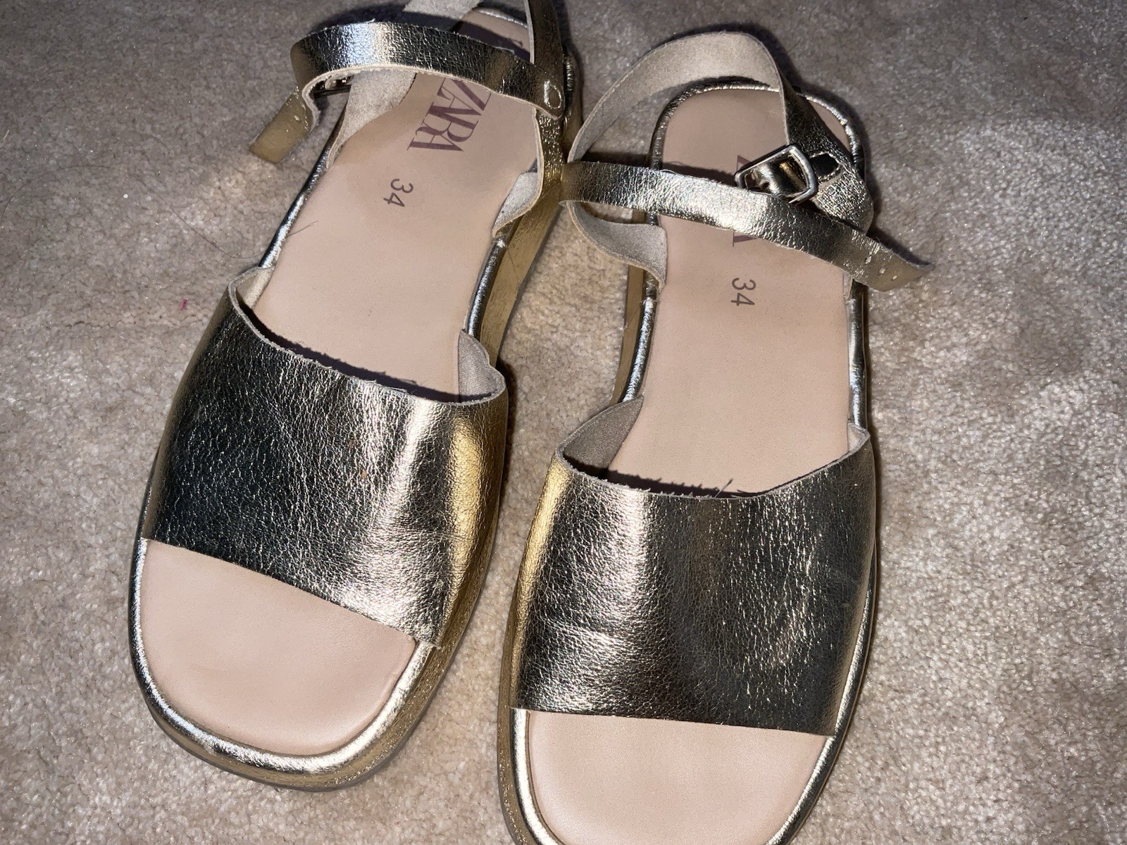 ZARA Gold Adjustable Ankle Strap Sandals Buckle Flat Solid EU 34