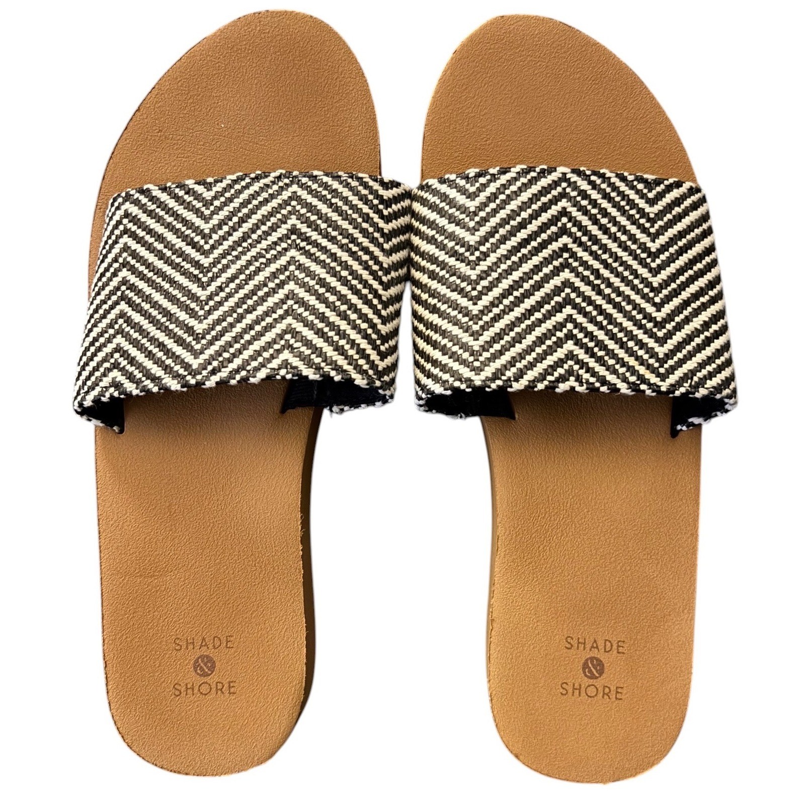 Shade & Shore Chevron Slide Sandals Size 8 Black White Woven Beach Casual