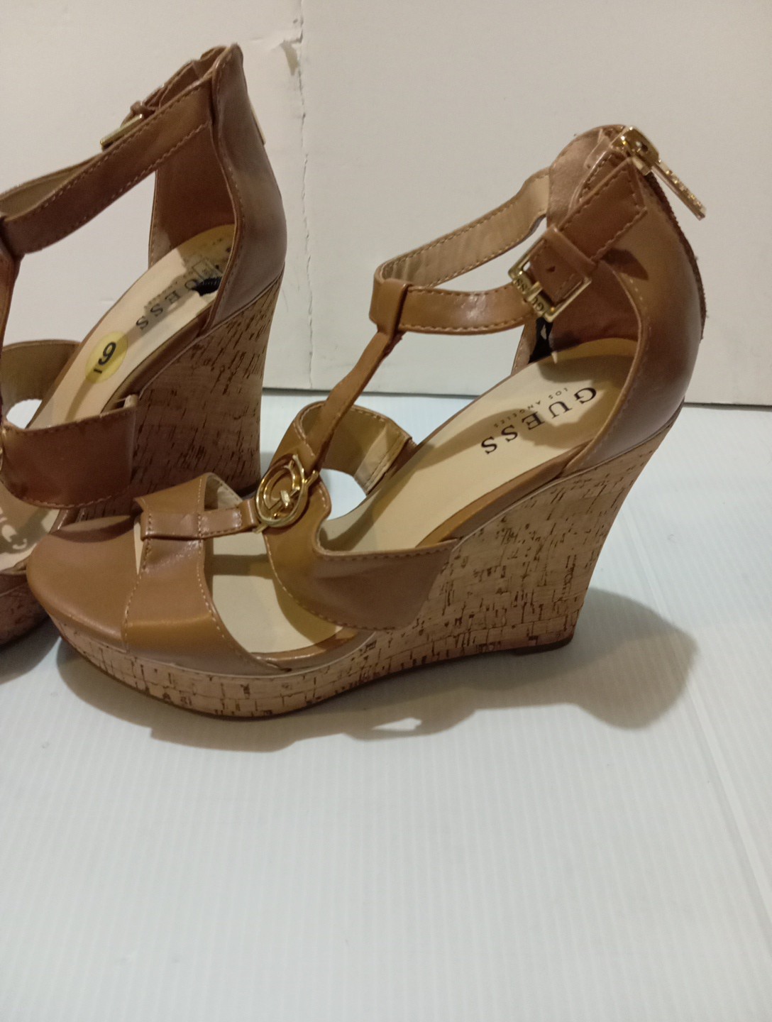 Guess Platform Cork Wedge Gold Zipper Buckle Emblem Size 9
