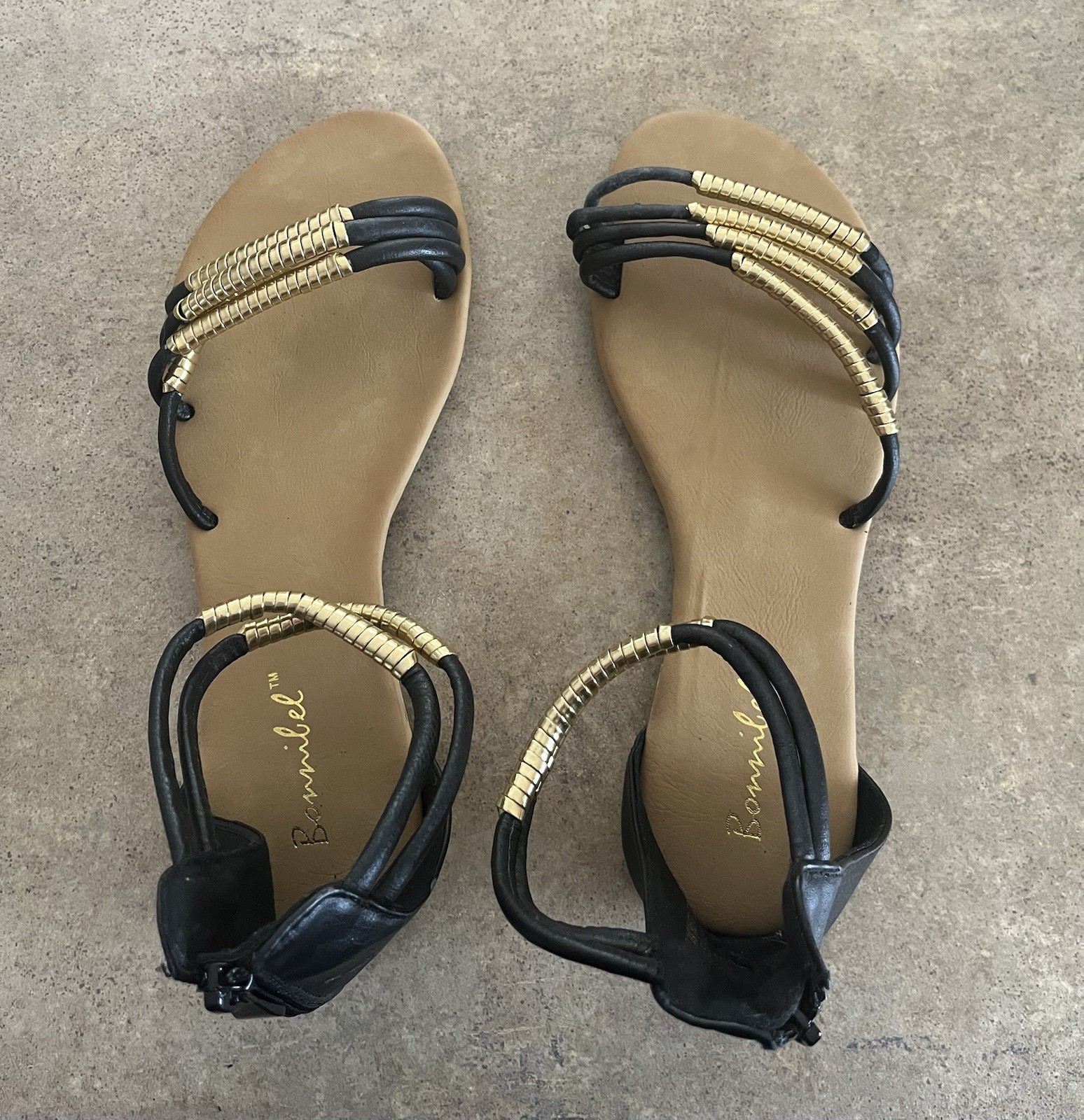 Size 7 Sandals – Black/Gold – NEW – Zipper – Ankle Strap – Flats
