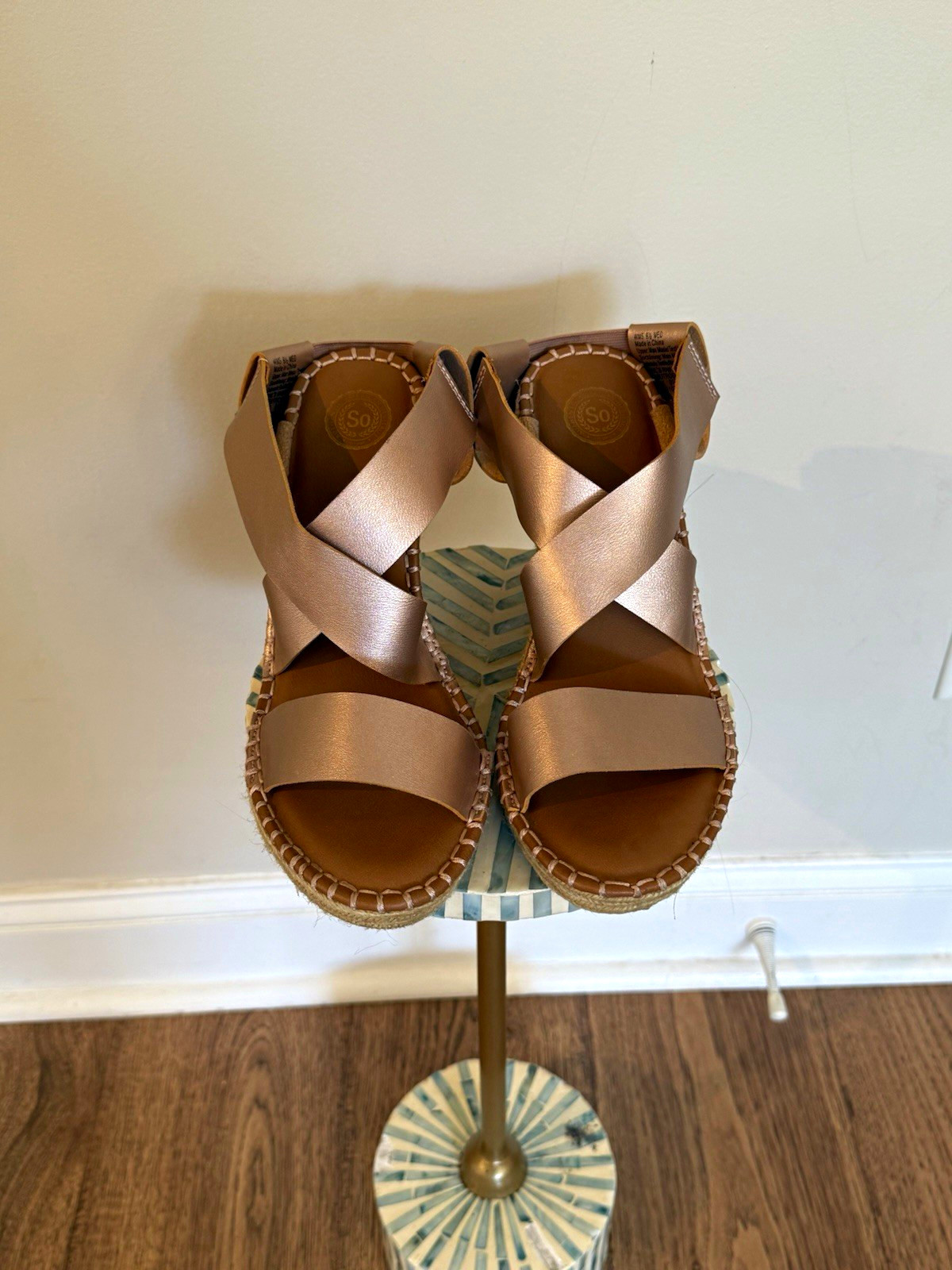 SO Women’s Rose Gold Strappy Wedge Sandals Ankle Strap Slip-On Woven 9
