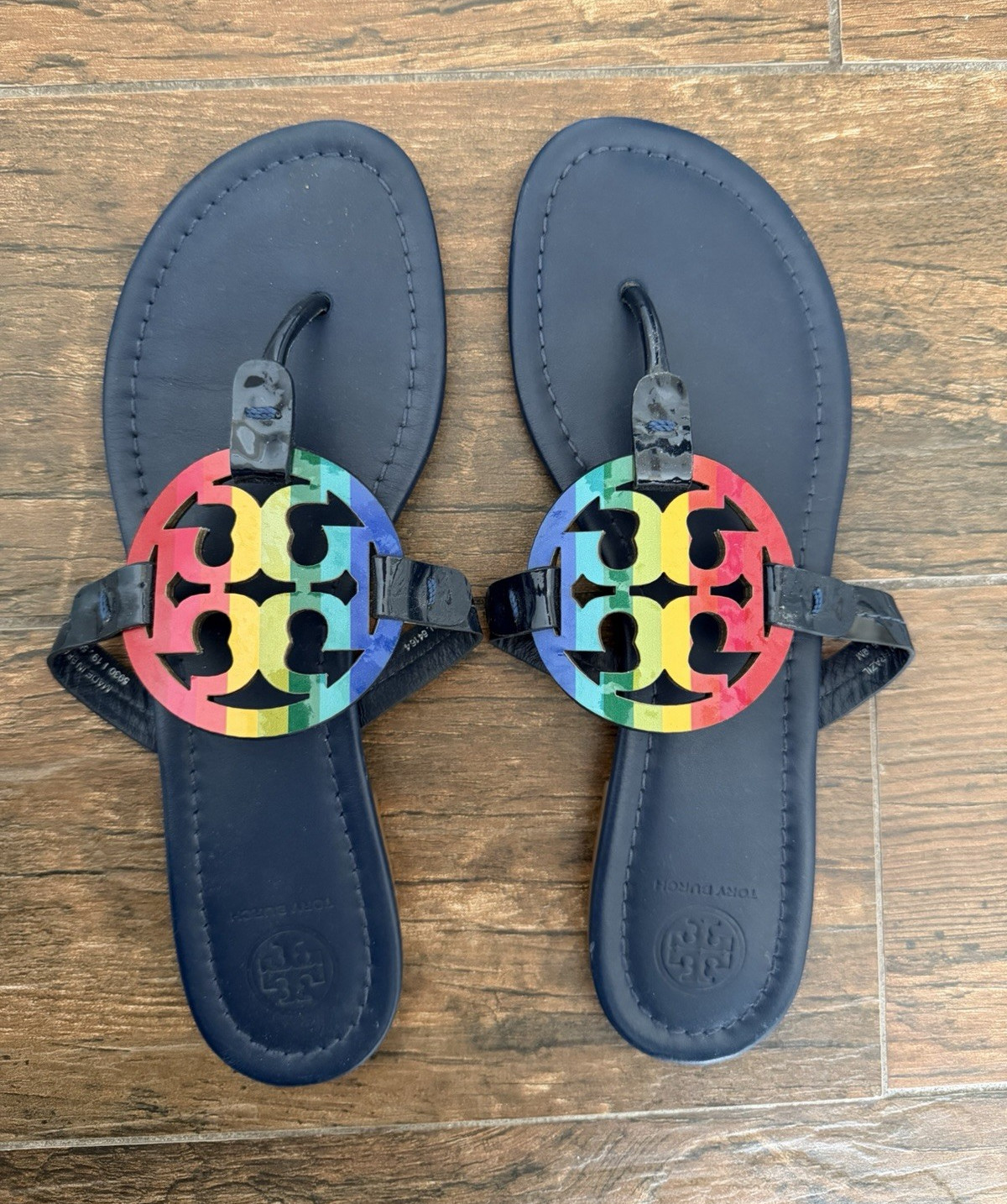 Tory Burch Women’s US 9 Leather Thong Sandals Navy Multicolor Logo Slip On