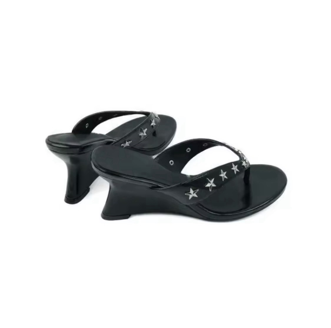 Women’s Black Leather Thong Slip-On Sandals Studded Solid US Size 8