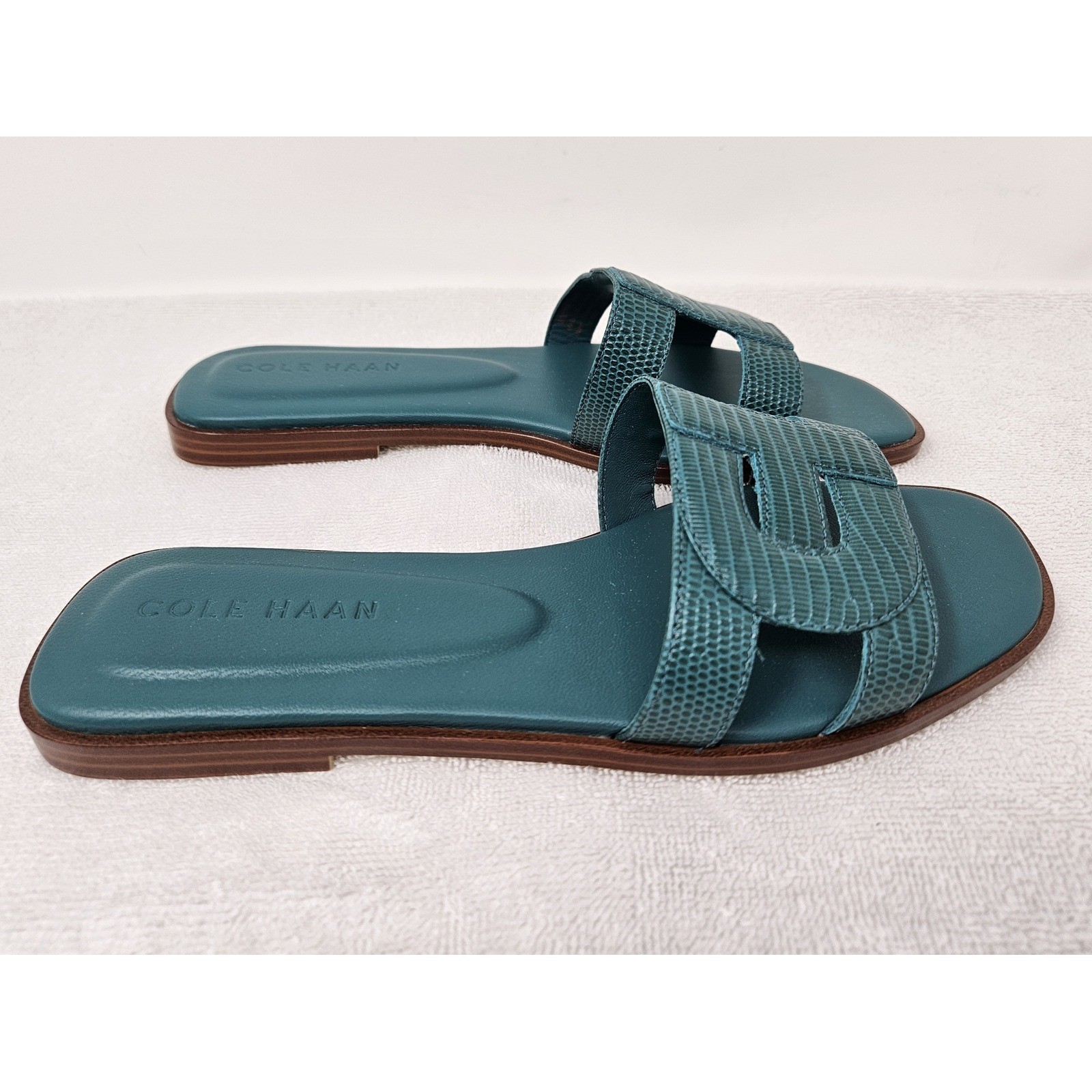 Cole Haan Chrisee Teal Green Lizard Print Leather Slide Sandals W30796 6.5 B
