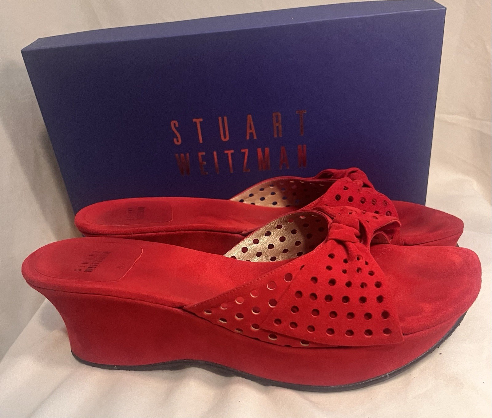Stuart Weitzman Red Suede Perforated Bow Wedge Platform Slides ONS 9N