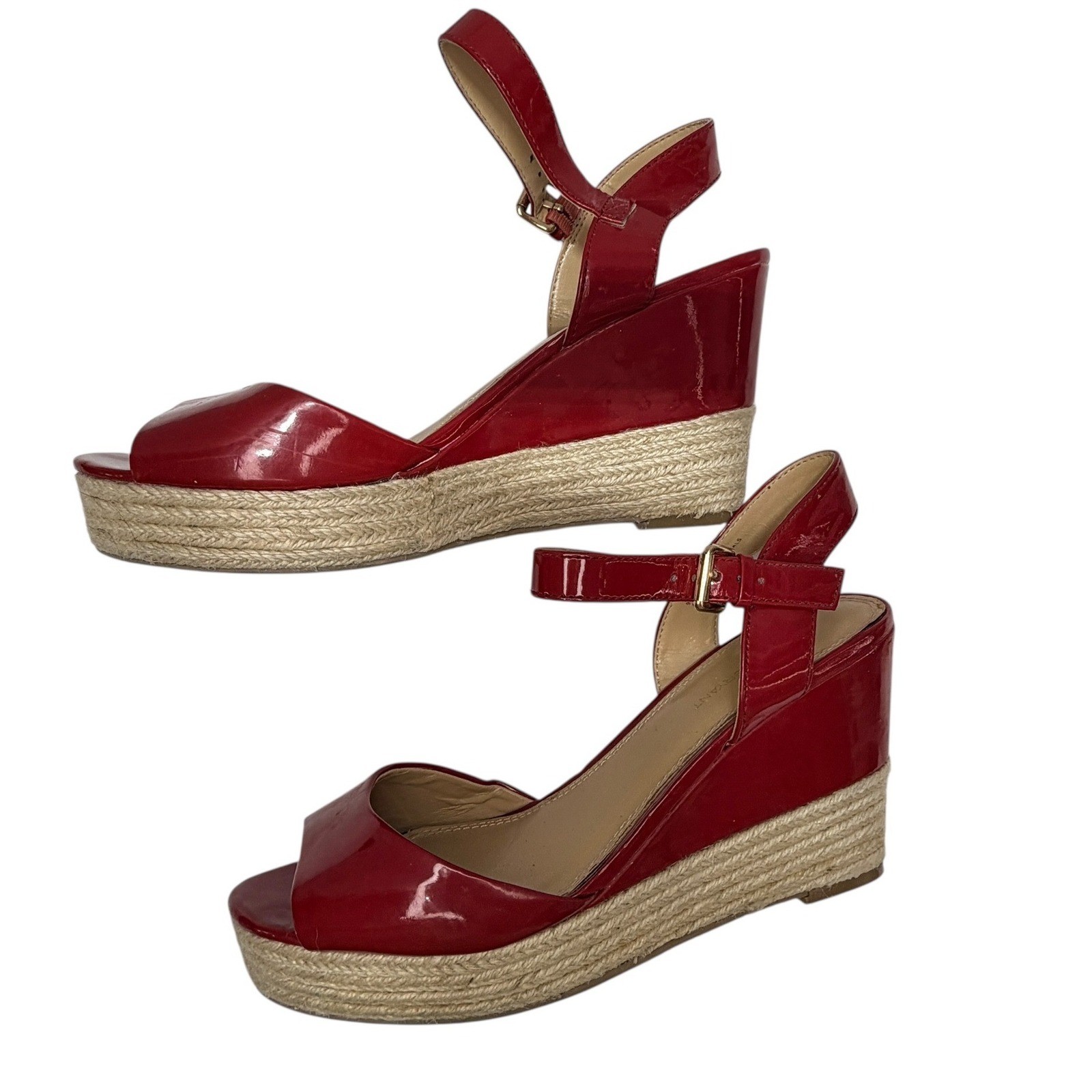 Lane Bryant Red Faux Patent Espadrille Wedge Sandals 9W Ankle Strap Peep Toe