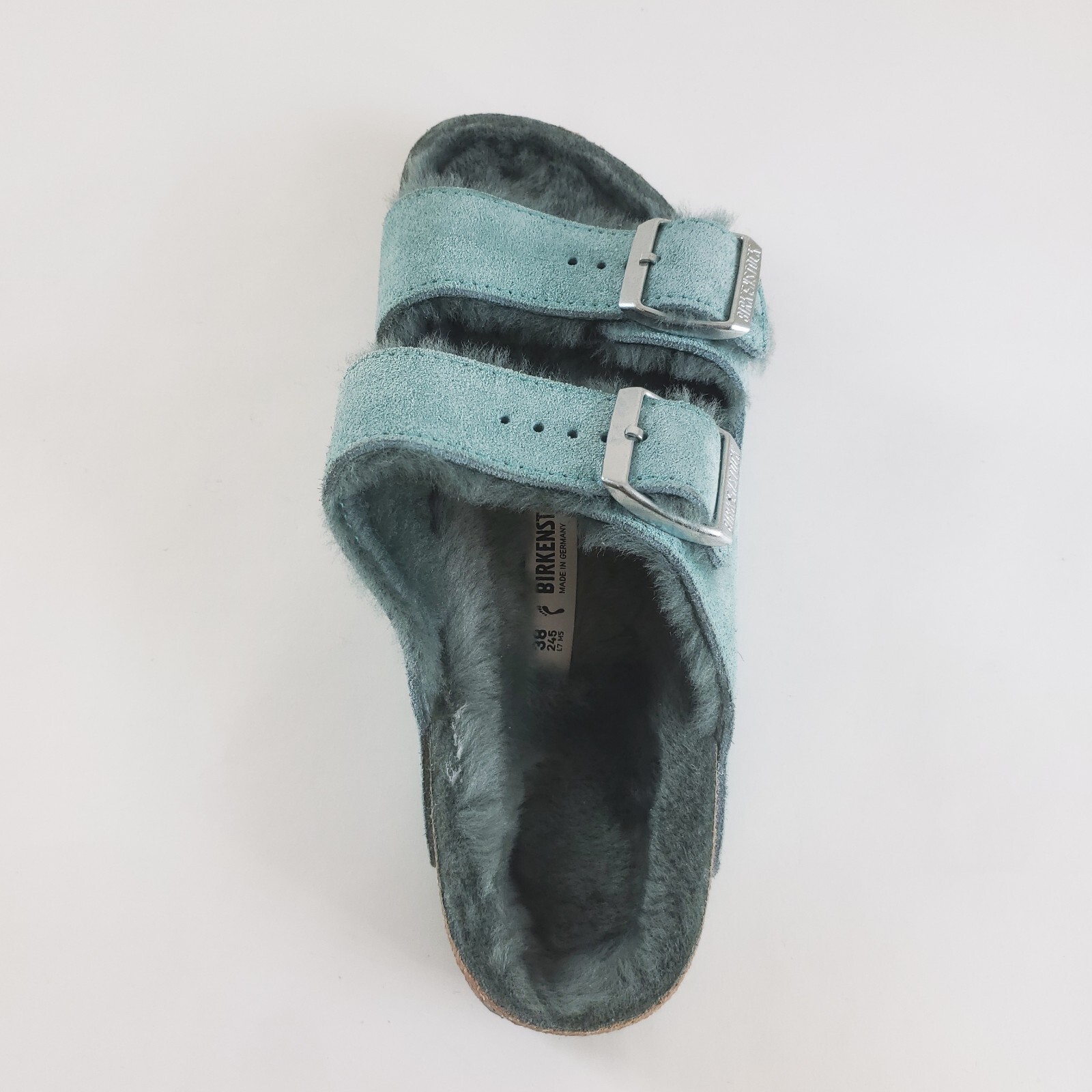 Birkenstock Arizona Shearling Fur Sandals Teal Green 37 240 L6 M4 Women 6 Men 4