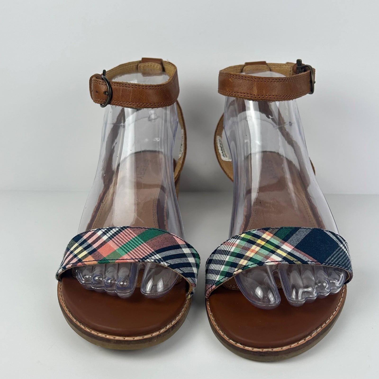 Sperry Top-Sider Rare Sample Womens 7M Plaid Leather Block Heel Sandals Brown