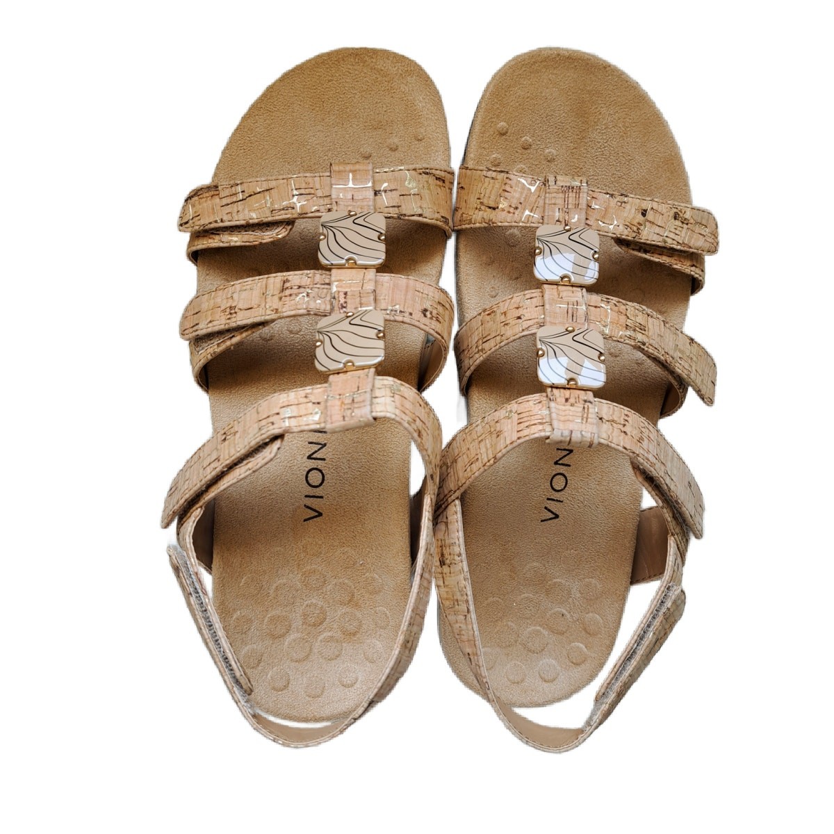VIONIC Amber Adjustable Sandals Size 8 Gold Cork Flat Casual Travel Comfort