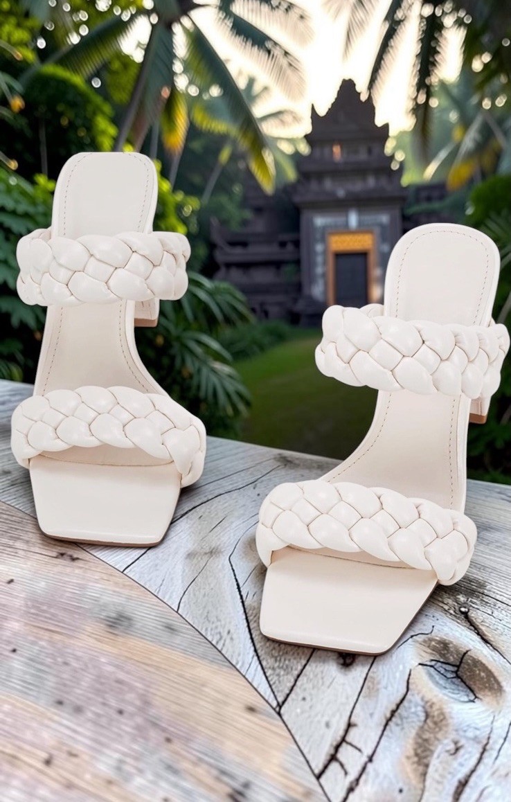 Syktkmx White Braided Block Heel Sandals Women’s Size 7.5 Square Toe NWOT