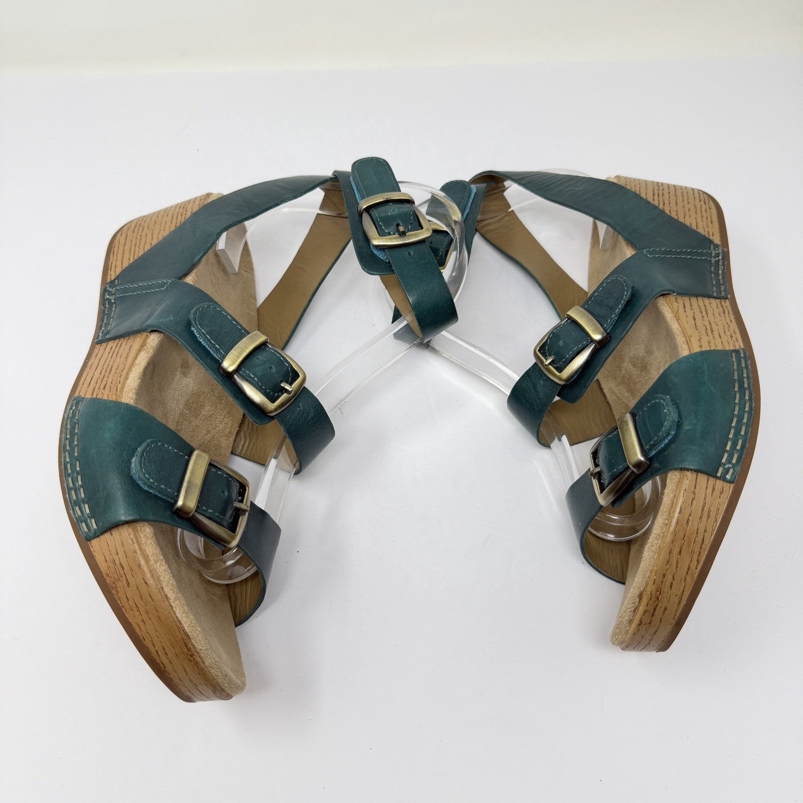 Dansko Lou Women’s 39 8 Wedge Sandals Ankle Strap Teal Green Leather Comfort
