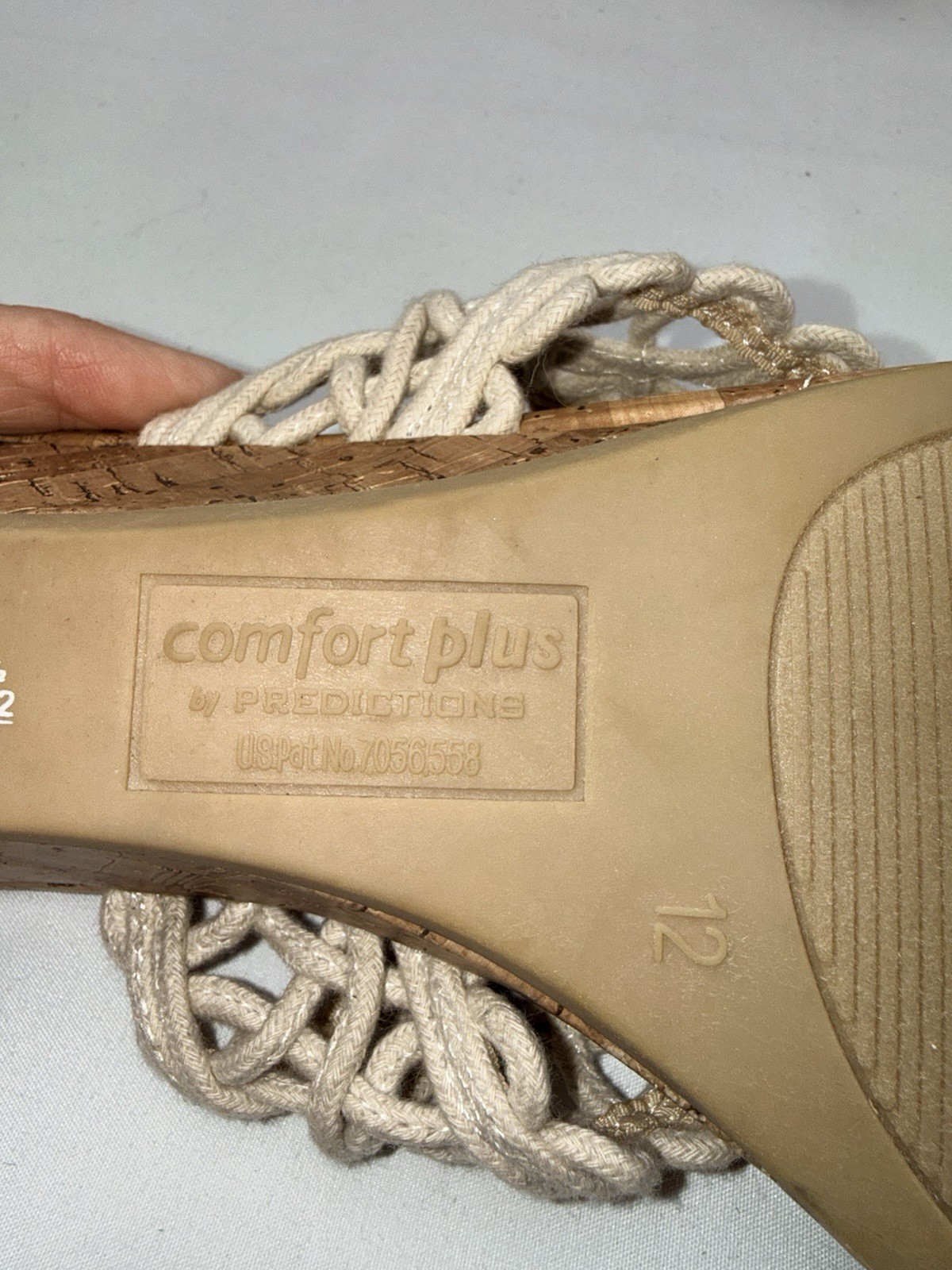 Comfort Plus By Predictions Women’s Macrame Sandals Cream with a cork Heel Sz 12