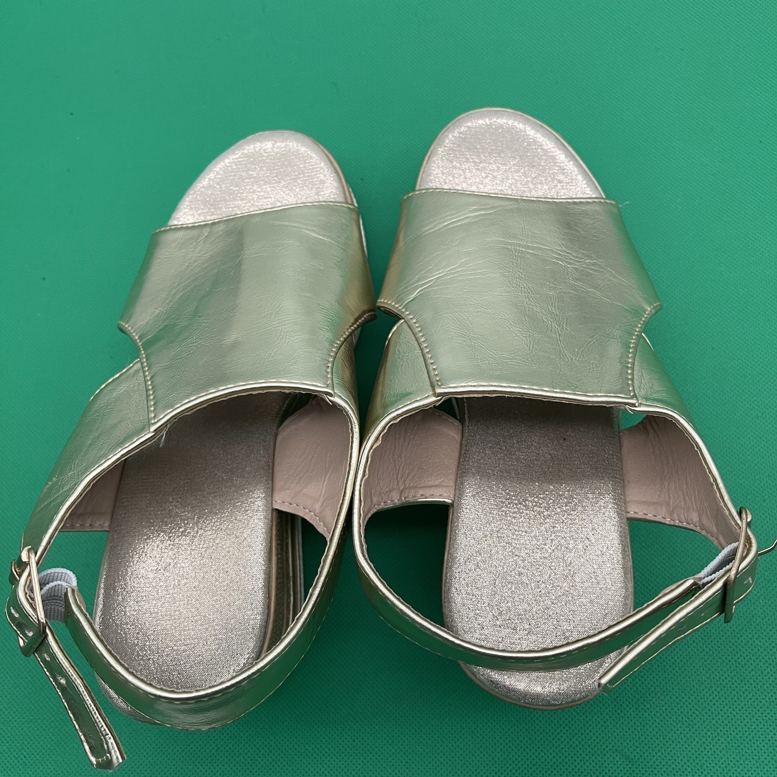 Gold Metallic Platform Wedge Sandals Size 6.5 Summer Peep Toe Slingback Shoes