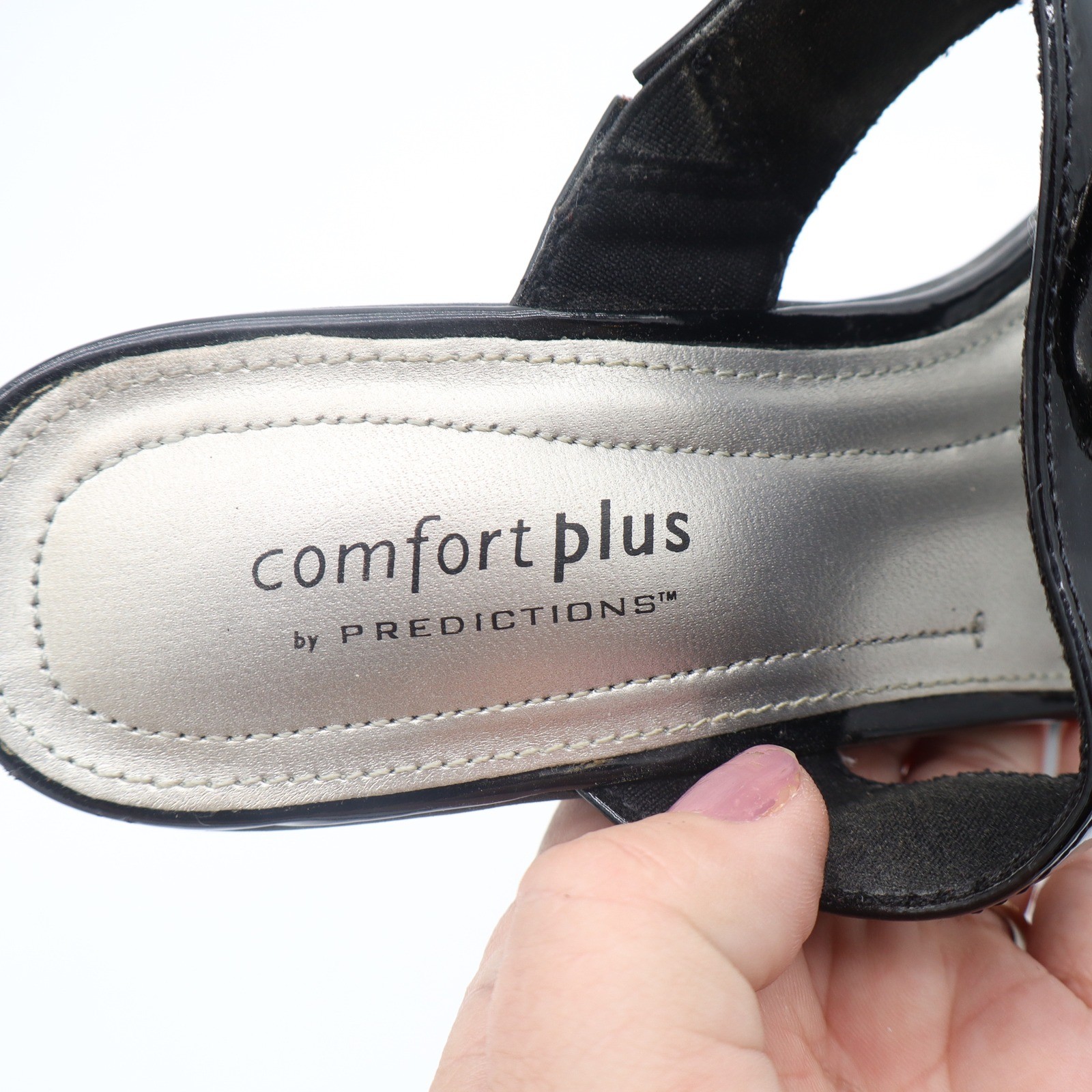 Comfort Plus by Predictions Black Patent Chain Slide Sandals Heels 7.5 130750