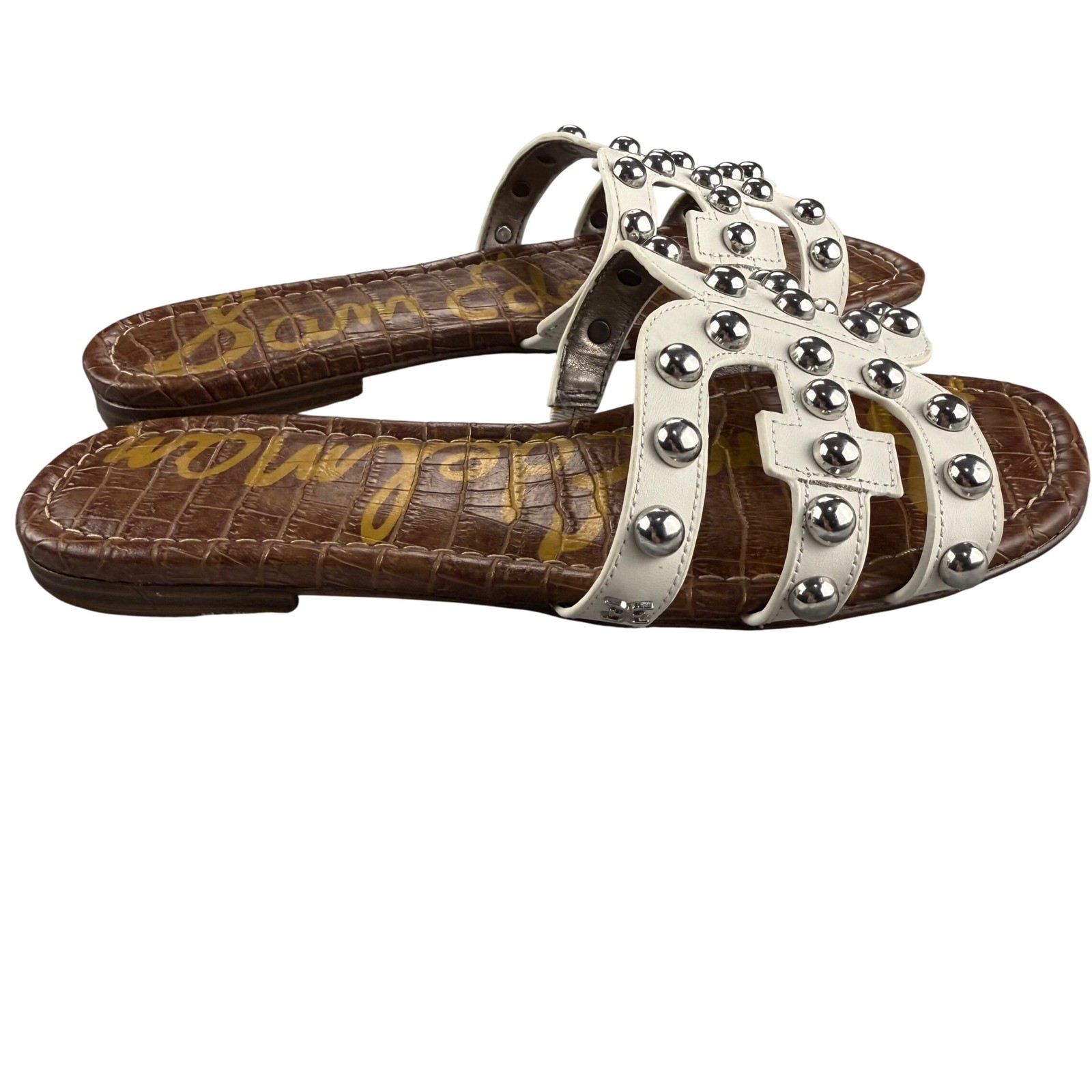 Sam Edelman Bay Studded Slide Sandals White Saddle Croc Embossed Leather 8.5