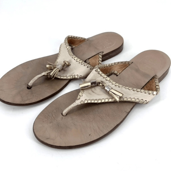 Jack Rogers Alana Sandal in Bone and Gold 8.5 leather goldtone tassels flip flop