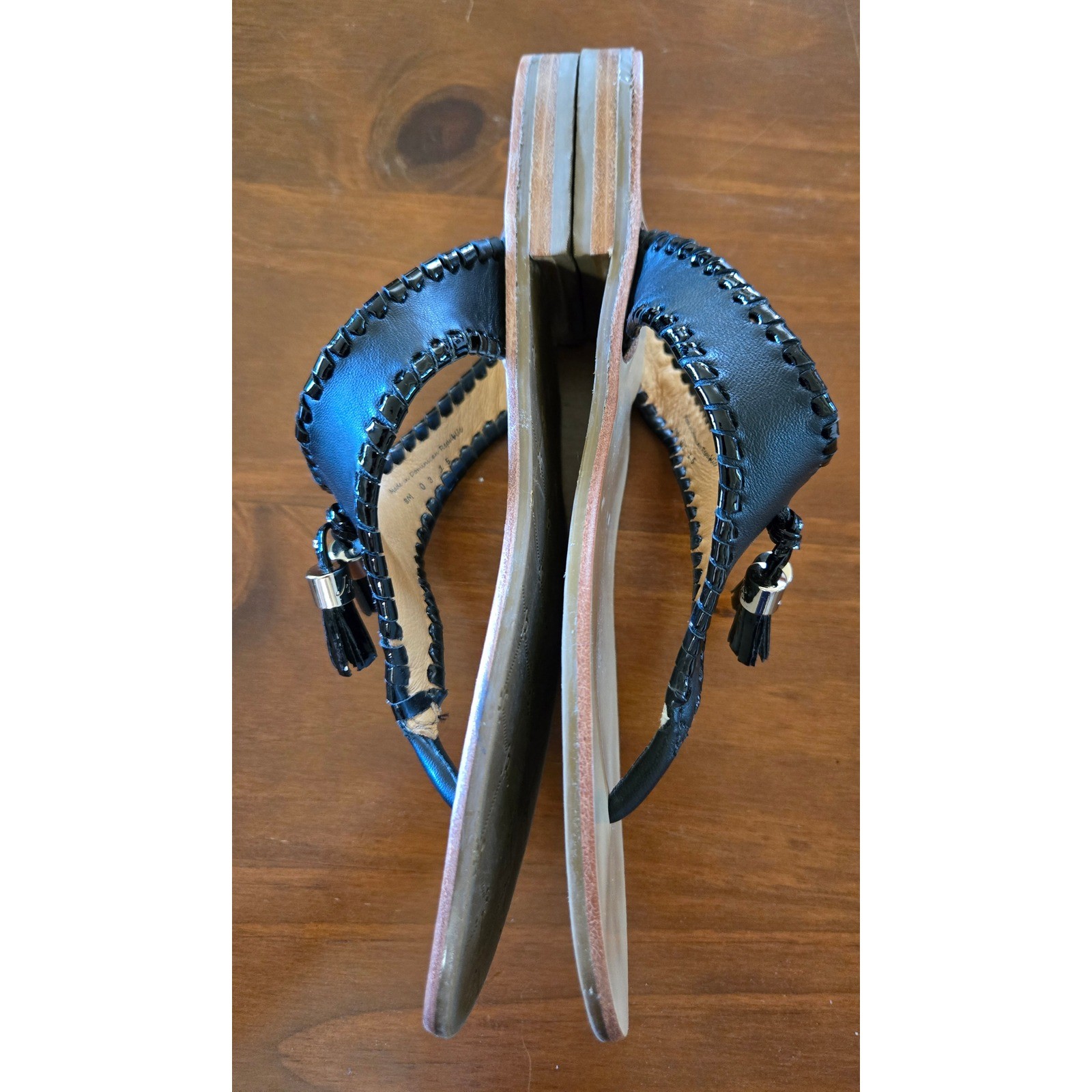 Jack Rogers Alana Black Patent Leather Tassel Whipstitch Thong Sandals Womens 8M