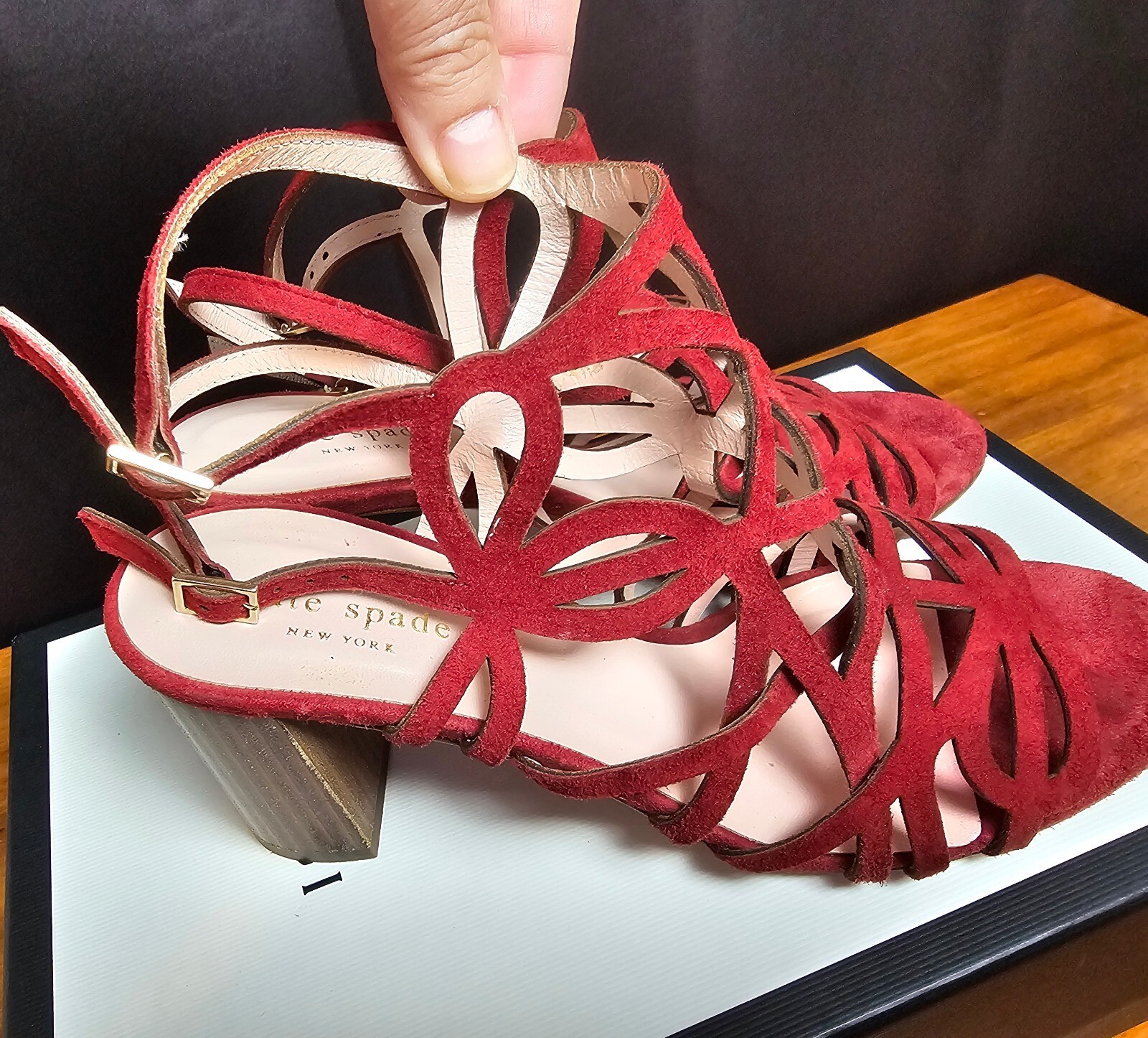 Kate Spade Heels Red Womens 8 Suede Cutout Block Heel Sandal