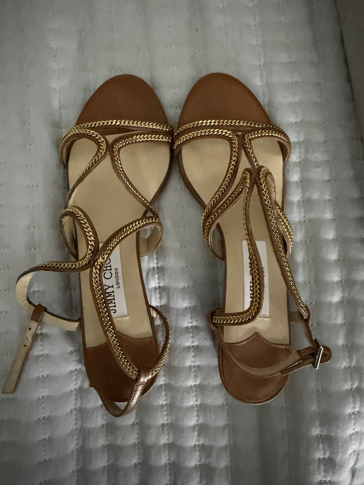 Jimmy Choo Women’s Tan/Gold Leather Chain Strappy Ankle Strap Sandals 7.5