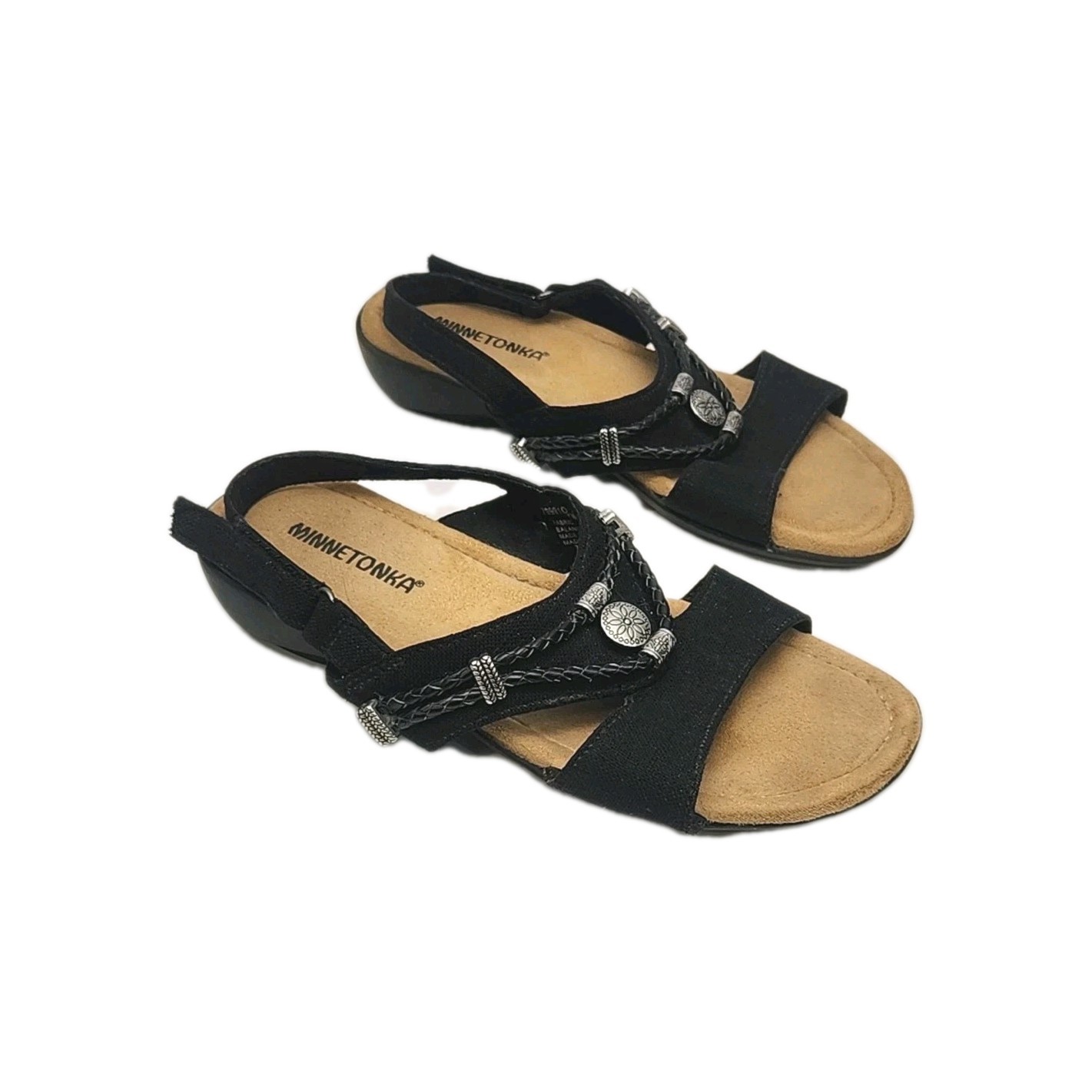 Minnetonka Sandal Shoe Black Fabric Adjustable Women Sz 7W Wide 1.25″ Wedge Heel