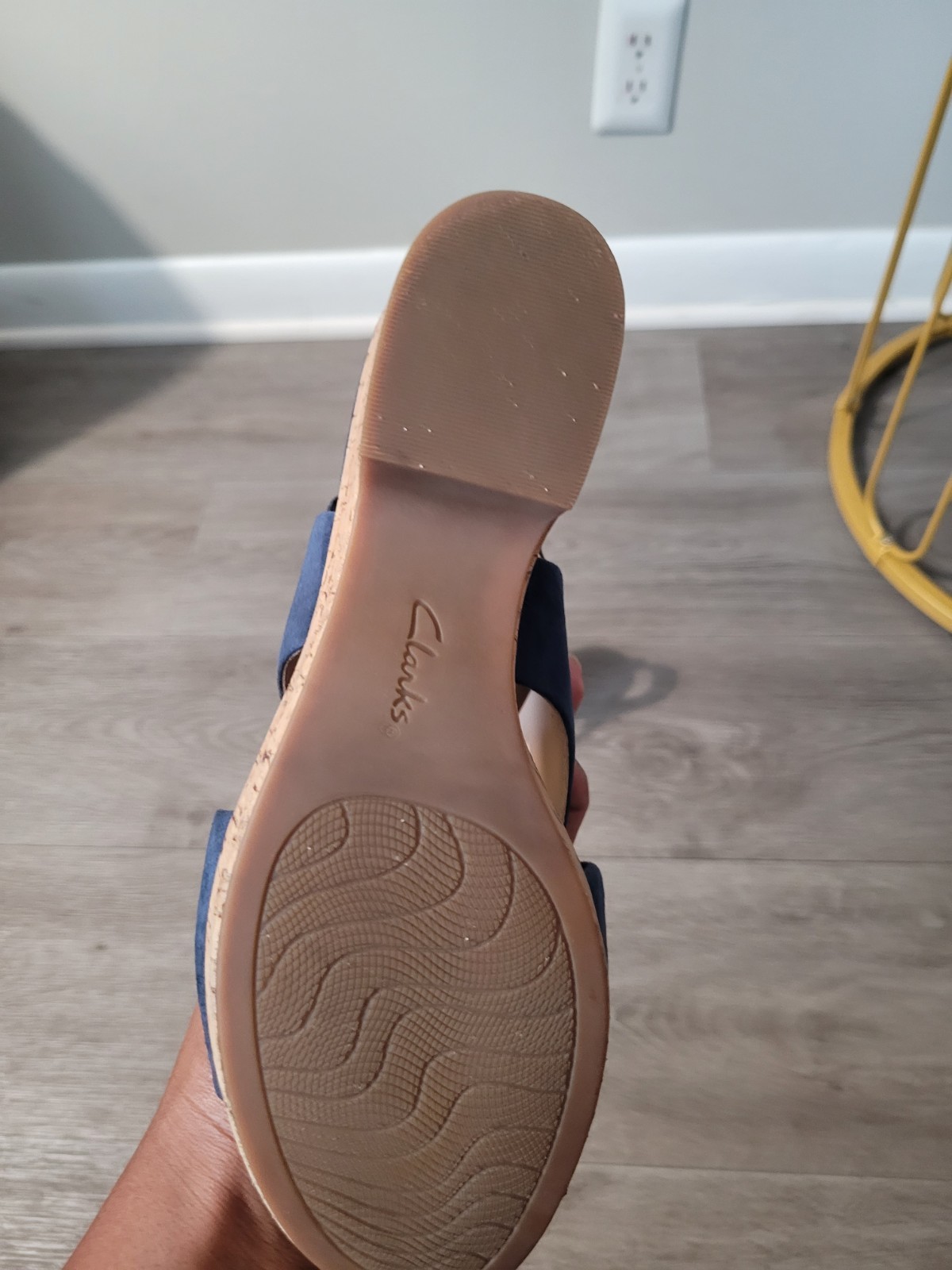 Clarks Blue Leather Slingback Wedge Sandals 9.5 Cork Accent Hook & Loop