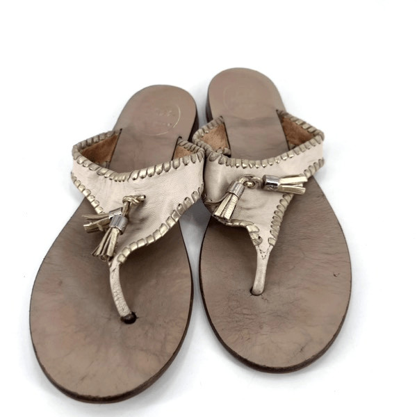 Jack Rogers Alana Sandal in Bone and Gold 8.5 leather goldtone tassels flip flop