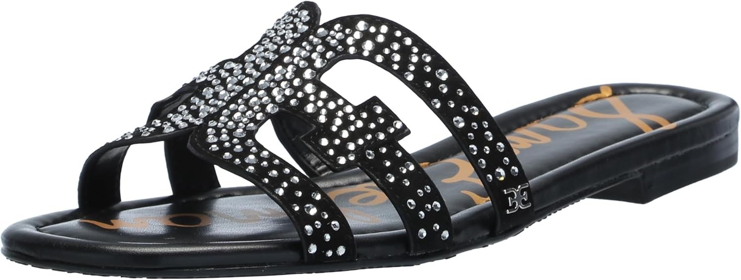 New In Box Sam Edelman Women’s Bay Flat Sandal Black Suede Gem 6 Medium NIB
