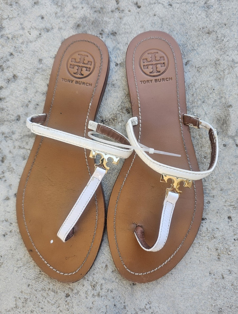 Tory Burch Leather Thong Sandals Gold Logo Slip-On Flat Womens 8.5