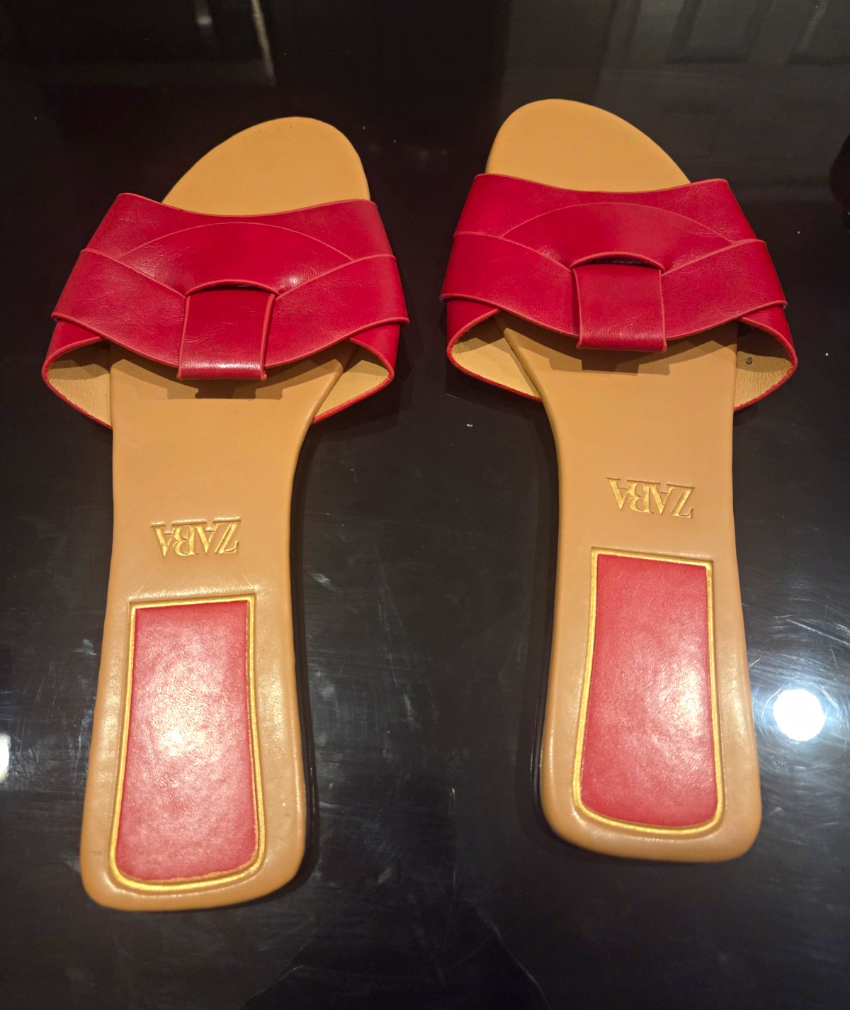 Zara Women’s Red Leather Logo Slide Sandals Slip-On Flat US 13 EU 43
