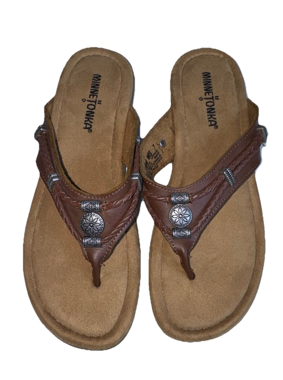 Minnetonka Women’s Leather Thong Sandals Southwest/Native 360 Comfort Size 7 EUC