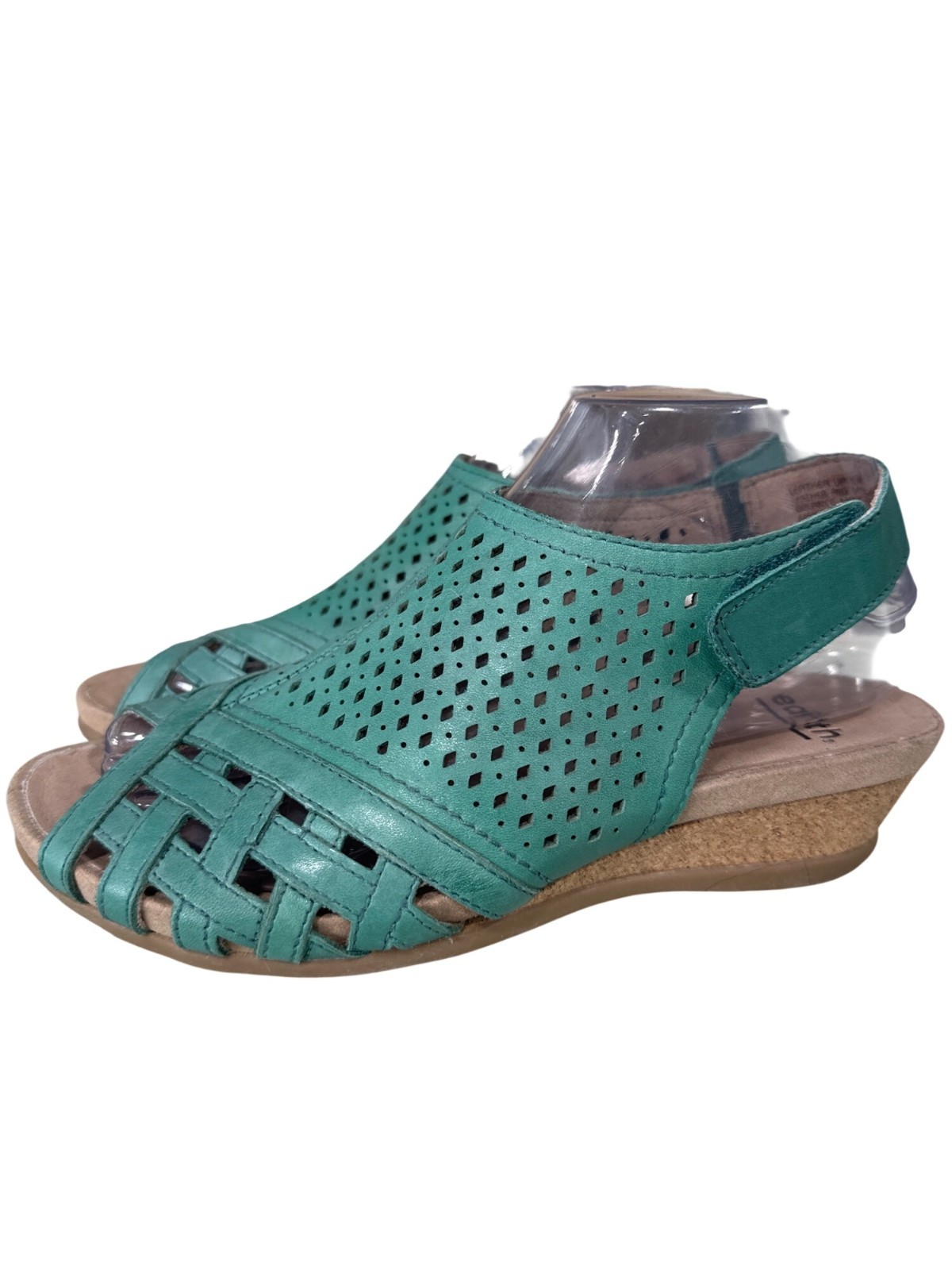 Earth Sandals Size 6.5 Pisa Galli Teal Green Leather Perforated Wedge Cork Heel