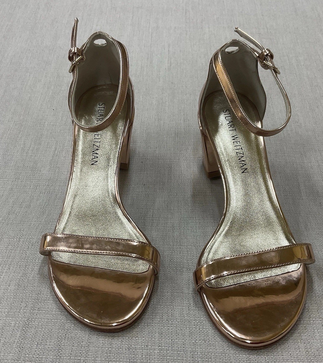 STUART WEITZMAN Womens Sandals Rose Gold Mirror Leather Adj Block Heel 7.5M
