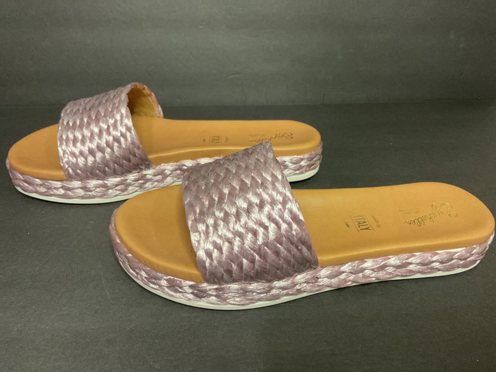 SEYCHELLES-WOMEN SIZE 9 MAUVE/PINK WOVEN RAFFIA 1.25″ PLATFORM/FLAT SLIDE SANDAL