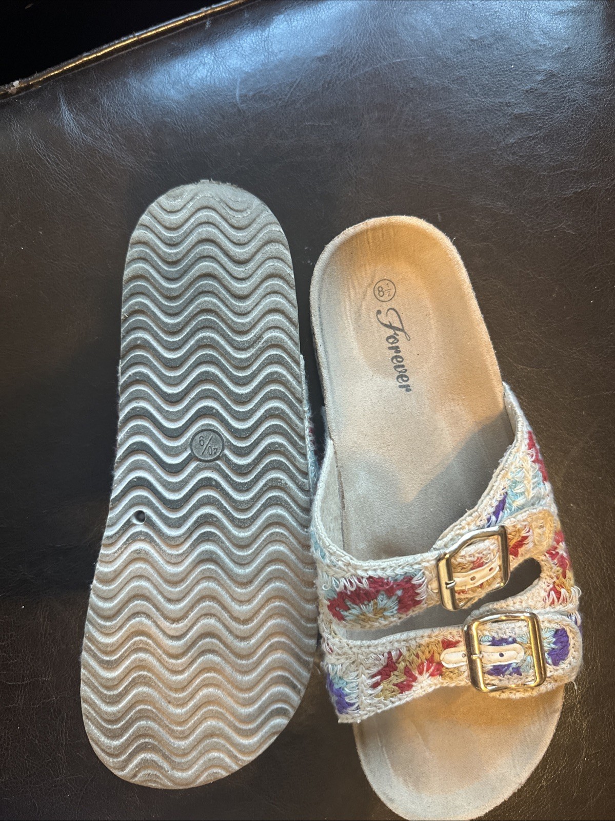 Forever Ivory & Multicolored Crochet Trim Sandals Size 8.5
