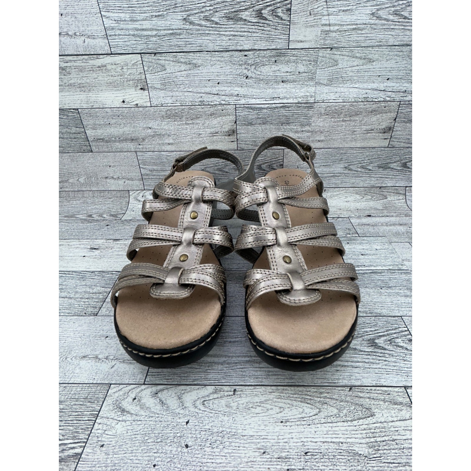 Clarks Collection Comfort Metallic Bronze Strappy Wedge Sandals Women 8.5M