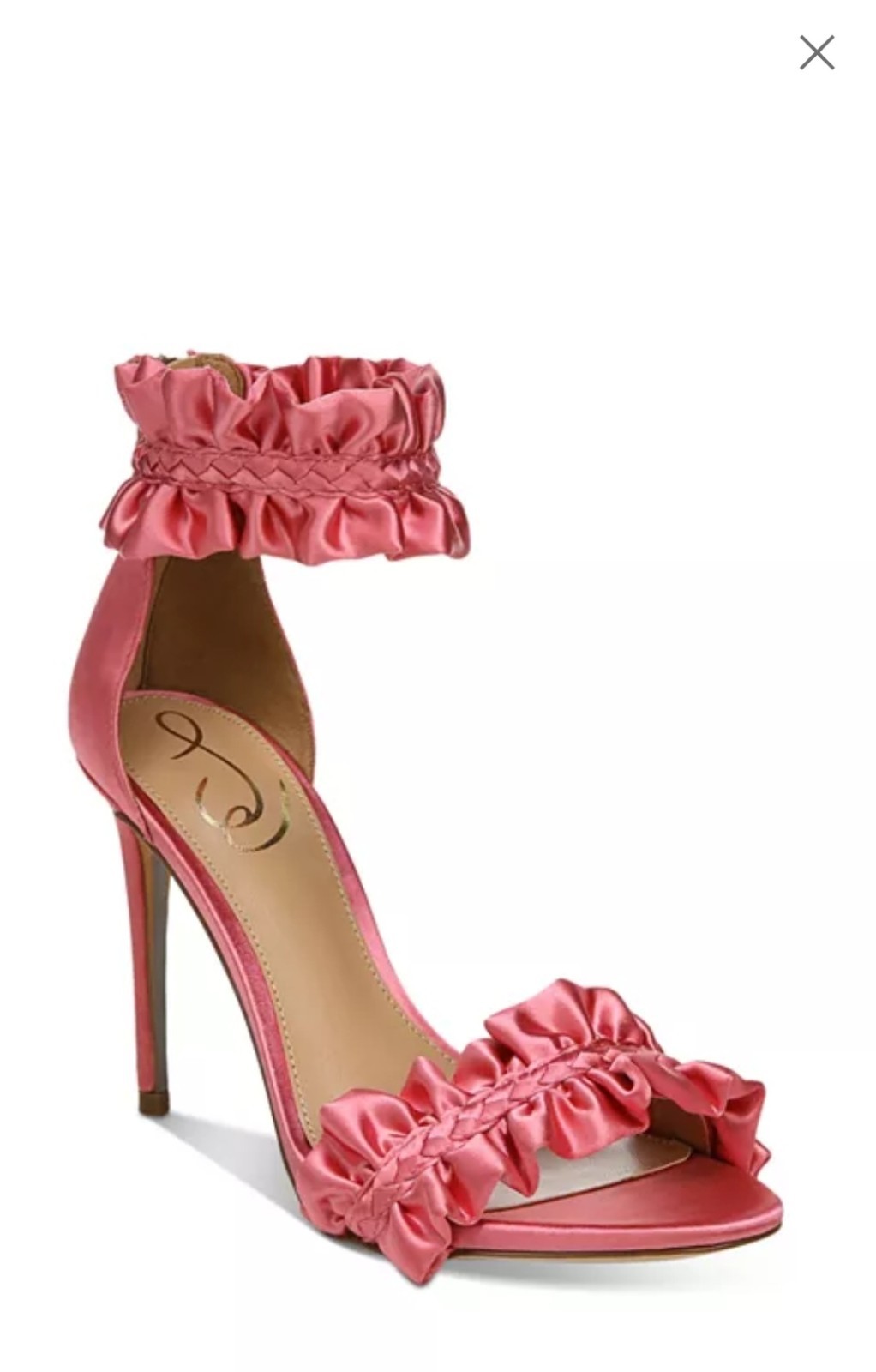 Sam Edelman Sawyer Ruffle Trim High Heel Sandals in the shade Carmine Rose Satin
