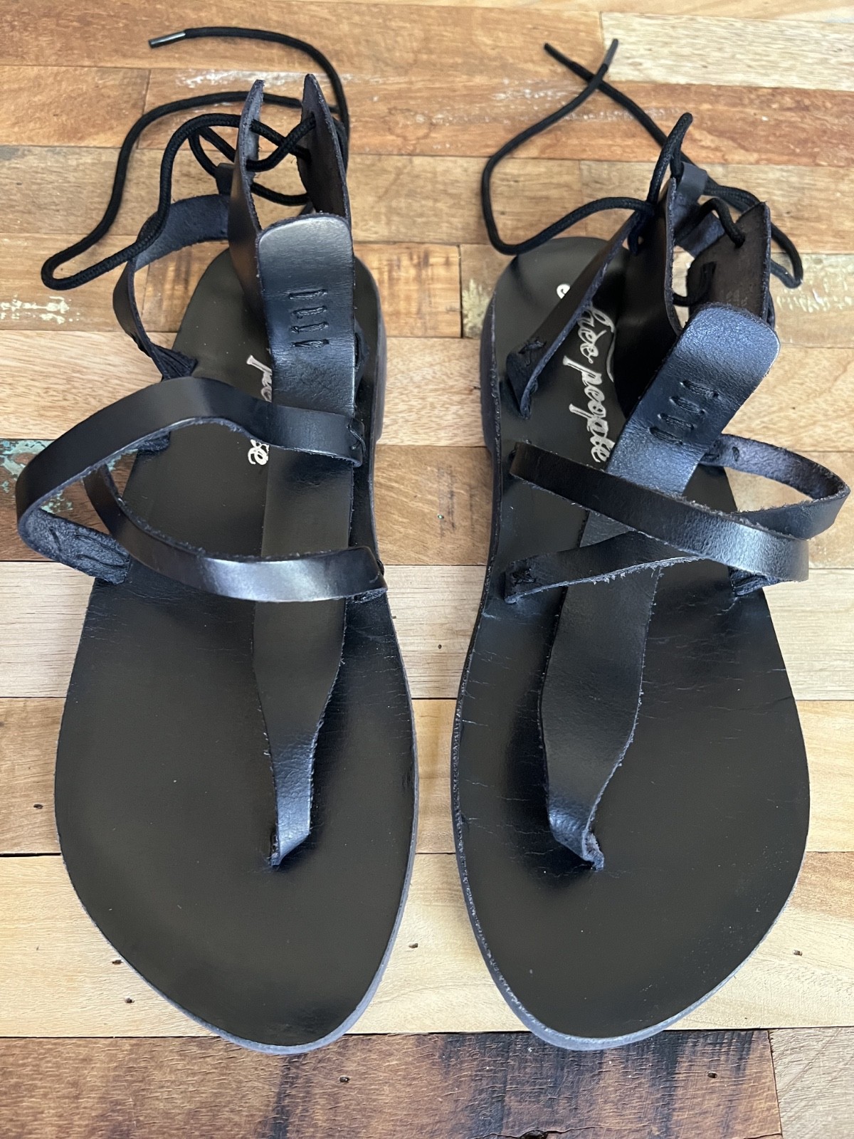 Free People Flat Black Lace Up Back Gladiator Style Sandals Size 37.5 US 7.5